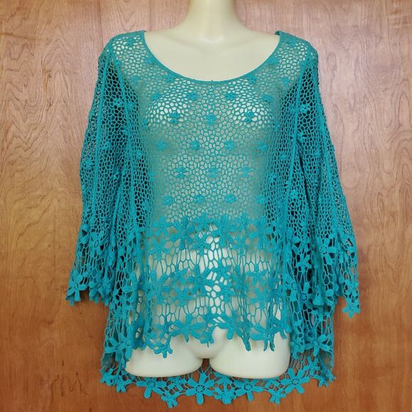 Marci Teal Blue Crochet Pullover Top Sz M Floral 3/4 Sleeve Fairycore Boho - Picture 1 of 10